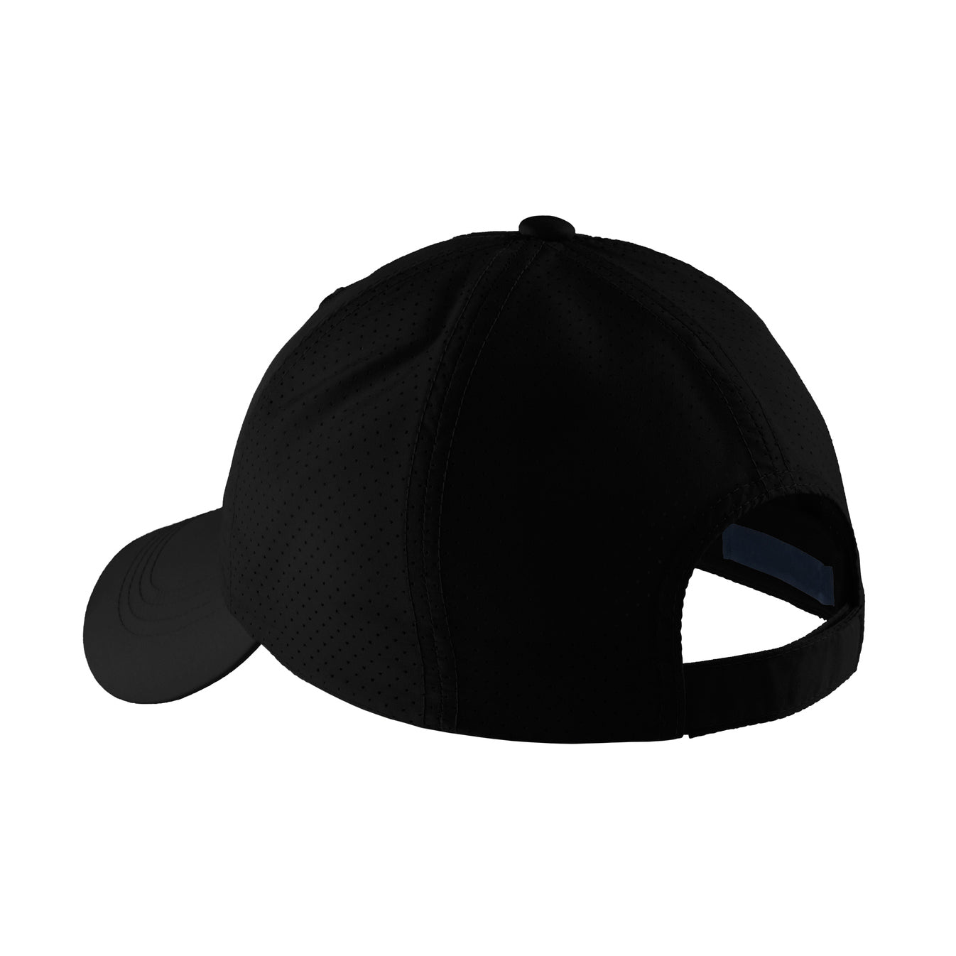 Back panel view of the Neue Performance Trucker Hat by Neue Supply Co. is perfect for the gym and working out in all black with perforated back panels