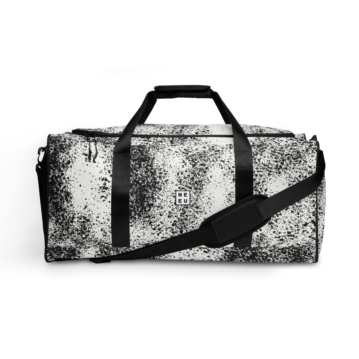 New City Adventure duffle bag in black and white speckle pattern front view with strap