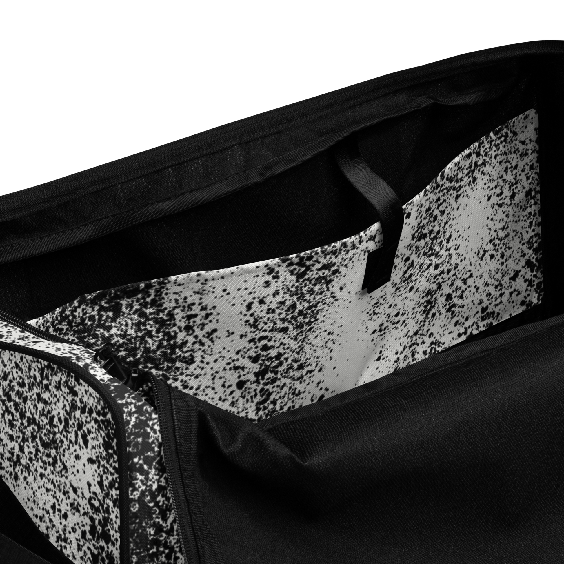 New City Adventure duffle bag in black and white speckle pattern inside pocket