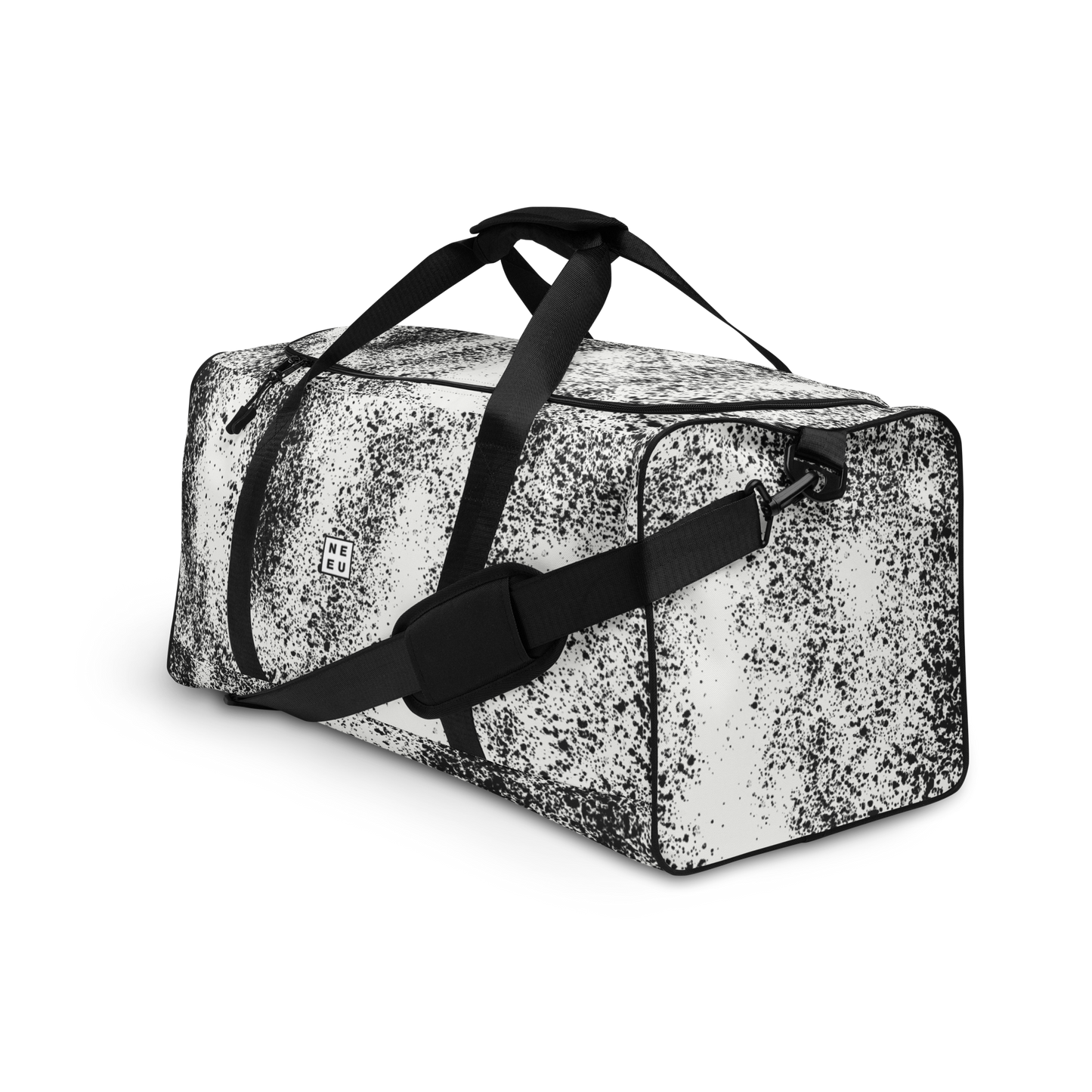 New City Adventure duffle bag in black and white speckle pattern 3/4 view with strap