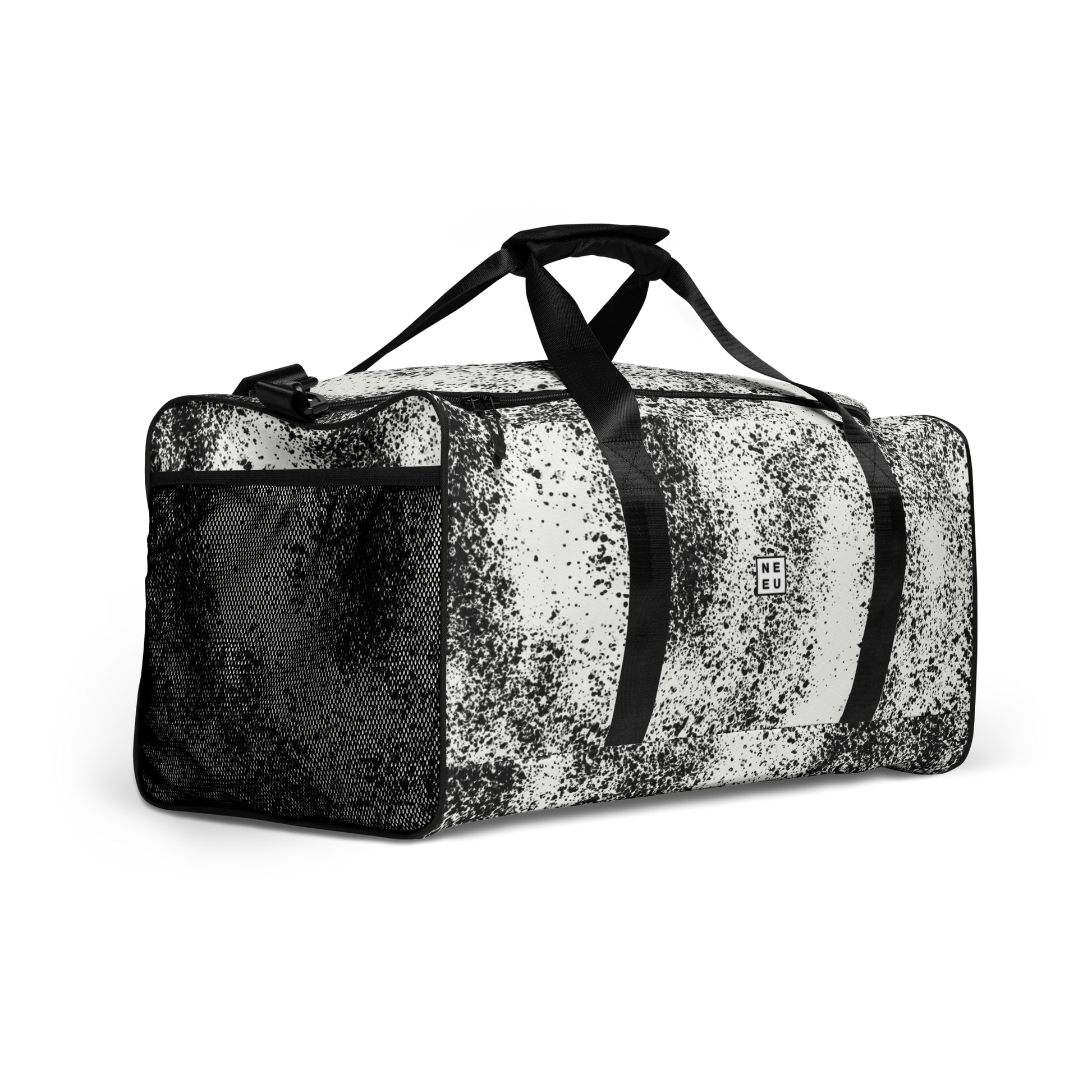 New City Adventure duffle bag in black and white speckle pattern 1/4 view