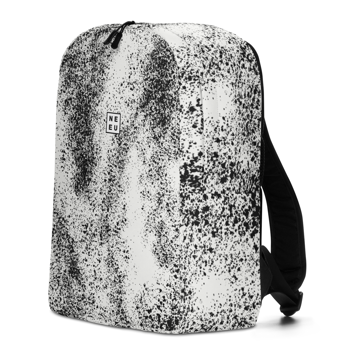 Neue City Adventure Backpack in black and white speckle pattern 3/4 view