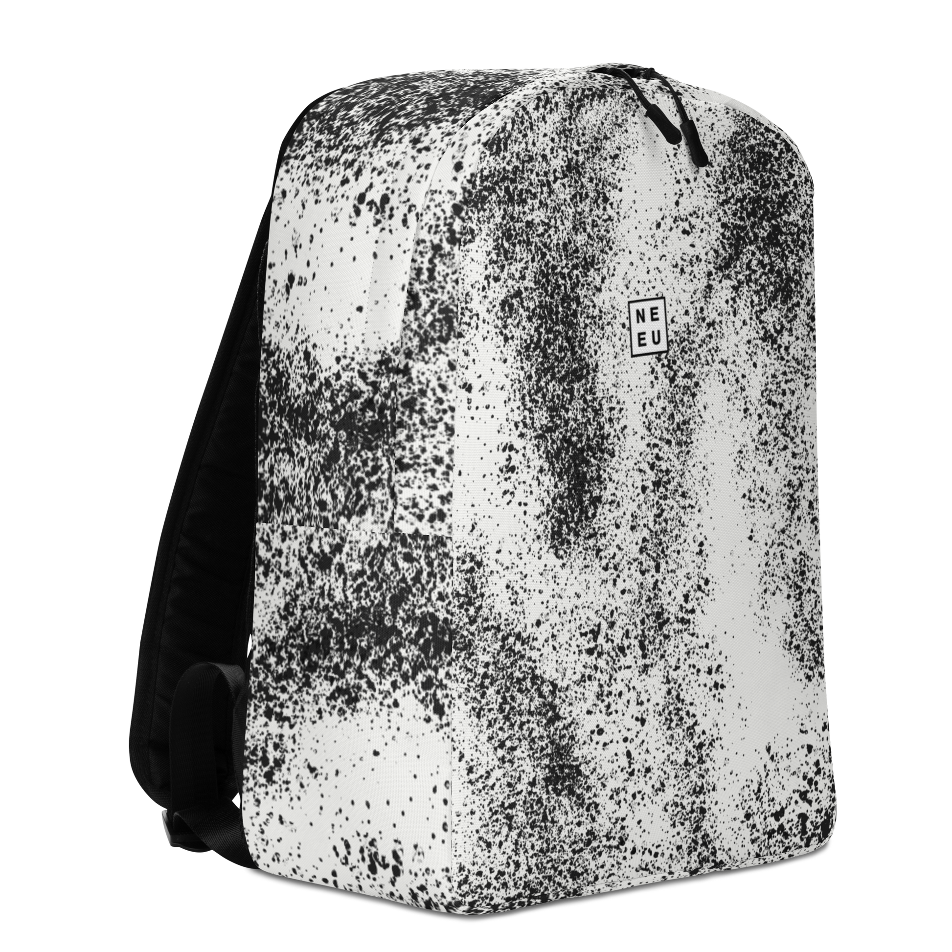 Neue City Adventure Backpack in black and white speckle pattern 1/4 view