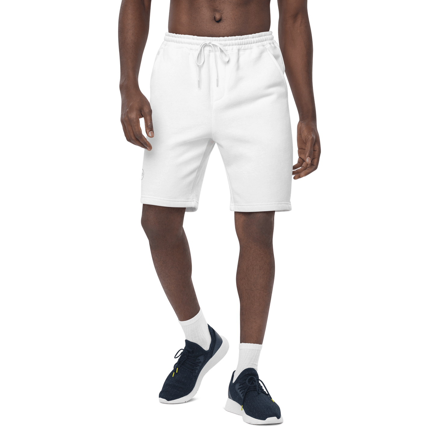 Man wearing Neue Supply Co. Men's Essential Fleece Sweat Shorts in White. Front view of model on white background.