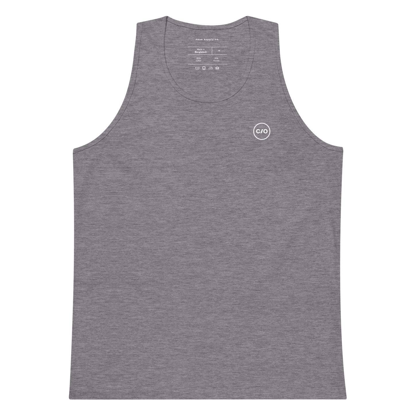 Neue Supply Co. Essential Workout Tank Top for Men in Athletic Heather Gray flat view