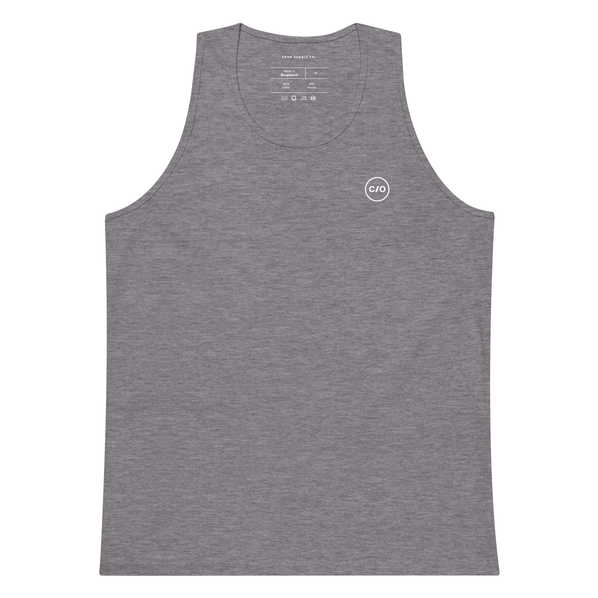 Neue Supply Co. Essential Workout Tank Top for Men in Athletic Heather Gray flat view