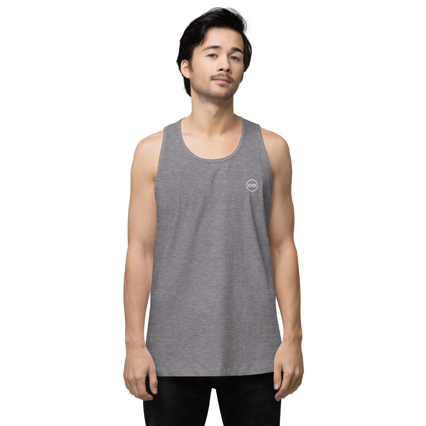 Man wearing Neue Supply Co. Essential Workout Tank Top for Men in Athletic Heather Gray