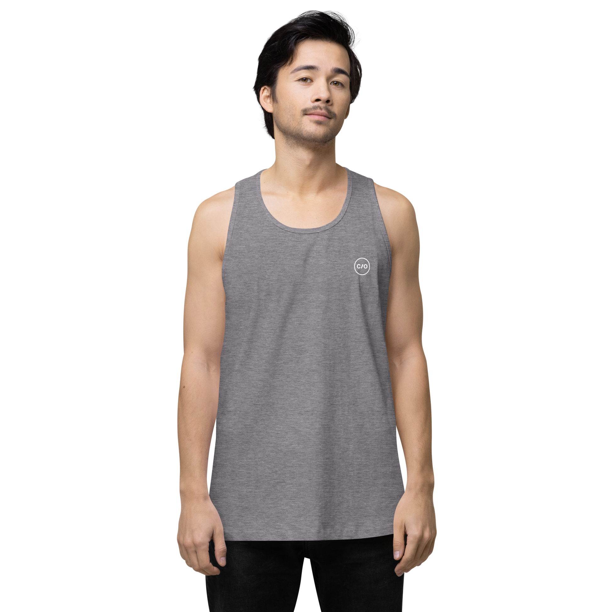 Man wearing Neue Supply Co. Essential Workout Tank Top for Men in Athletic Heather Gray