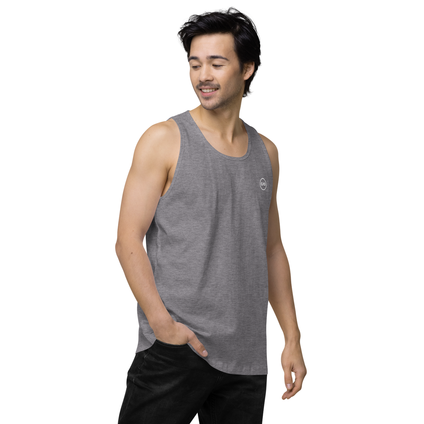 Man smiling and wearing Neue Supply Co. Essential Workout Tank Top for Men in Athletic Heather Gray 3/4 view
