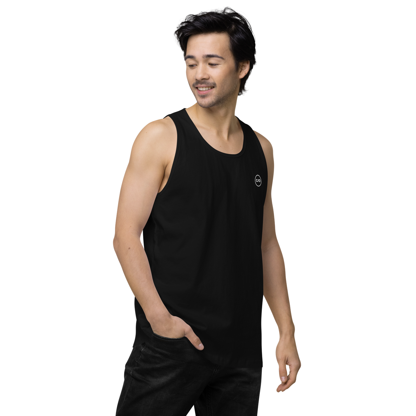 Man smiling and wearing Neue Supply Co. Essential Workout Tank Top for Men in Black 3/4 view