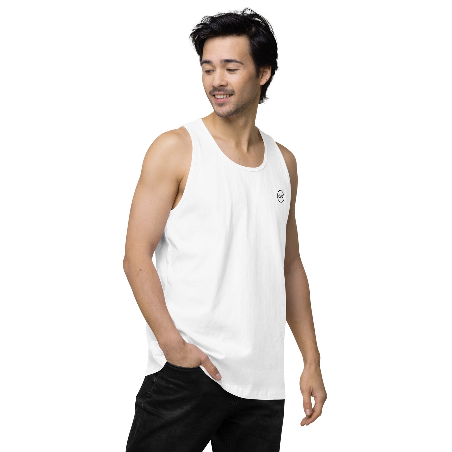 Man smiling and wearing Neue Supply Co. Essential Workout Tank Top for Men in White 3/4 view